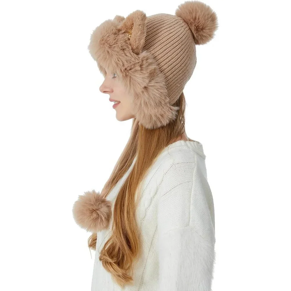 Women Khaki Solid Winter Peruvian Cover Ears Beanie Hat Ear Flaps Sherpa Snow